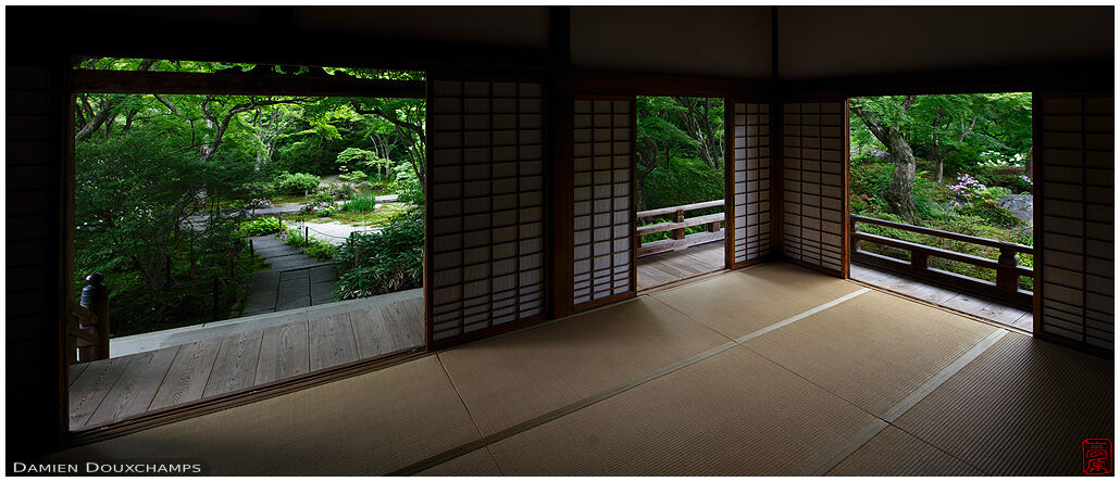 Three windows on the garden of Hokyo-in in early summer, Kyoto, Japan