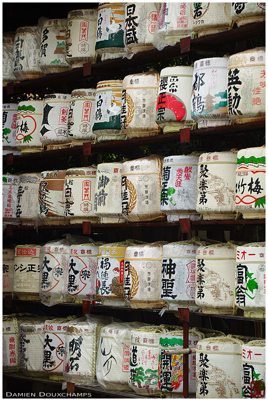 Sake barrel offerings in Umenomiya shrine, Kyoto, Japan