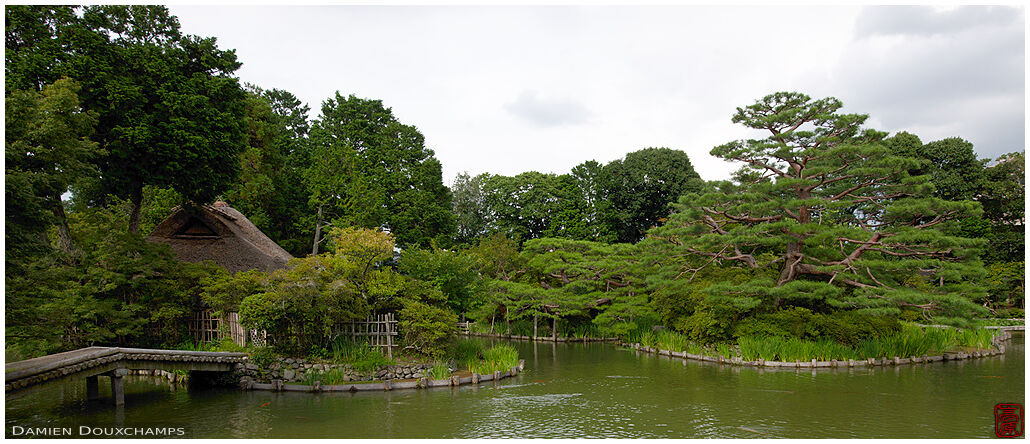 Pond garden with thatched roof tea house in Umenomiya shrine, Kyoto, Japan