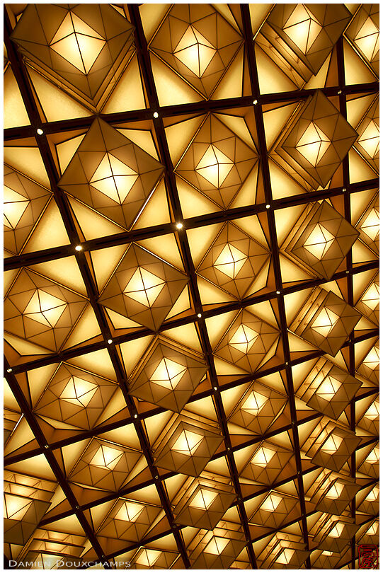 Ceiling and light fixtures of a large banquet hall in the State Guest House of Kyoto, Japan