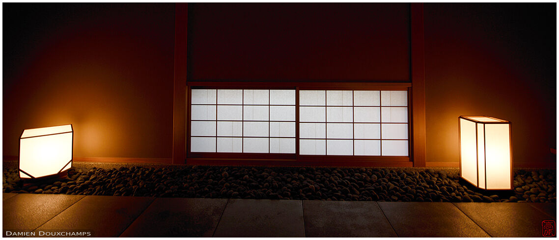 Ground-level window with lanterns, Kyoto, Japan