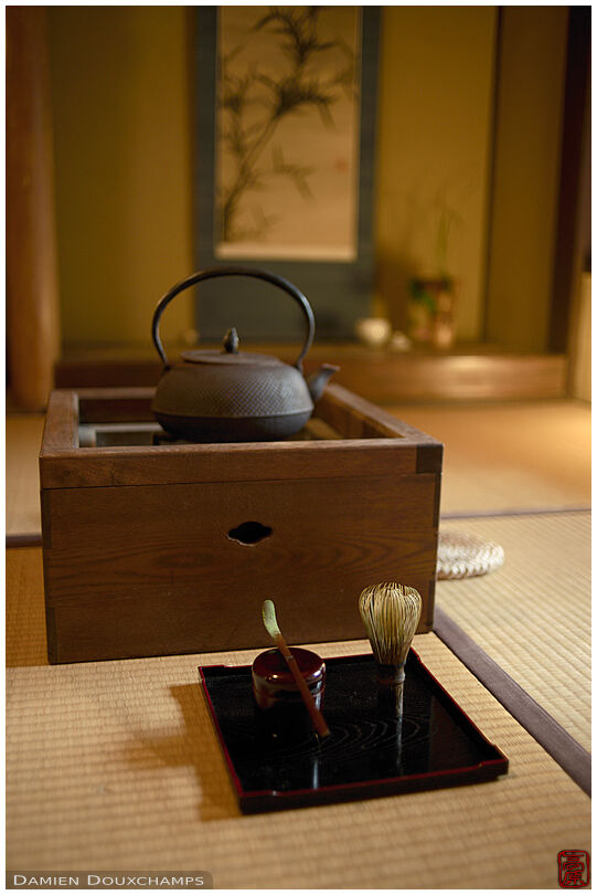 Tea set on tatami in the Koro-an tea house, Kyoto, Japan