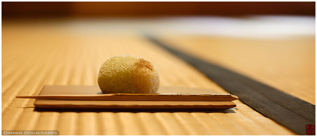 Traditional Japanese sweet on tatami, Kodo-kan, Kyoto, Japan