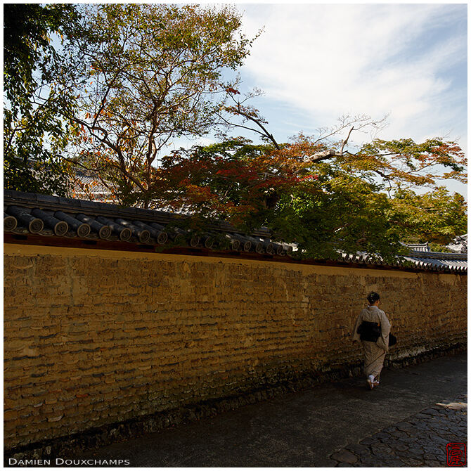 Woman in kimono passing by old earthen walls near Nigatsu-do temple, Nara, Japan