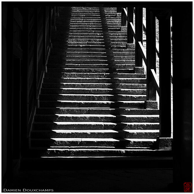Hard shadows created on the covered stairs leading to the Nigatsu-do hall of Todai-ji temple, Nara, Japan