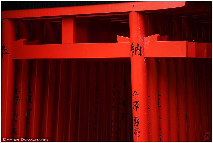 A row of red torii gates, Kitano Tenman-gū shrine, Kyoto, Japan