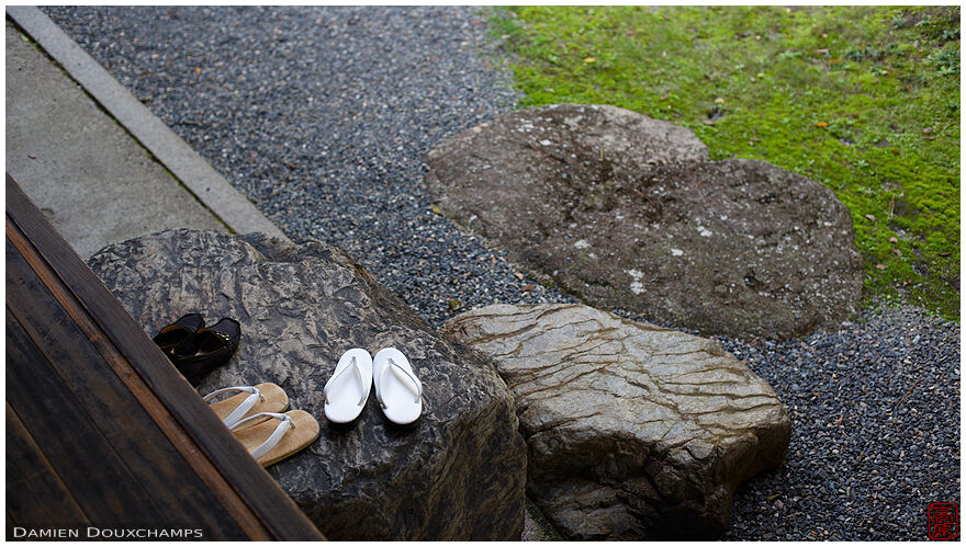 Shoes at the entrance of a viewing room in Shosei-en garden, Kyoto, Japan