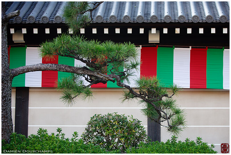 Brightly colored flag on the wall of Nishi Honganji temple, Kyoto, Japan