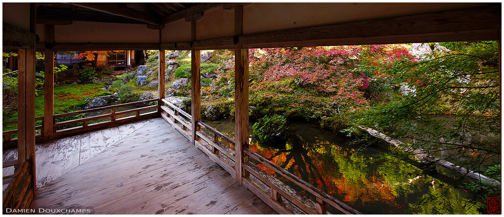 Covered passageway in Joshoko-ji temple pond garden, Kyoto, Japan