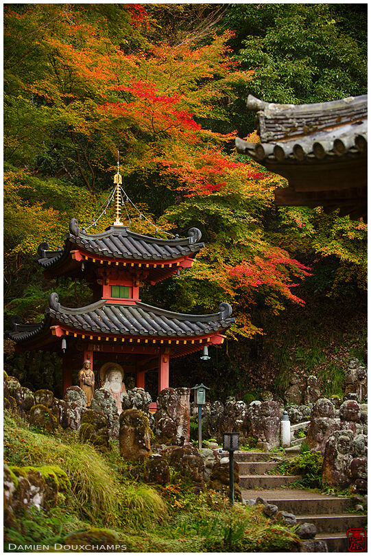 Small pagoda among jizo statues, Otagi Nenbutsu-ji temple, Kyoto, Japan