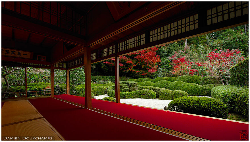 Beautiful meditation hall of Daichi-ji temple with view on zen garden and autumn colours, Shiga, Japan