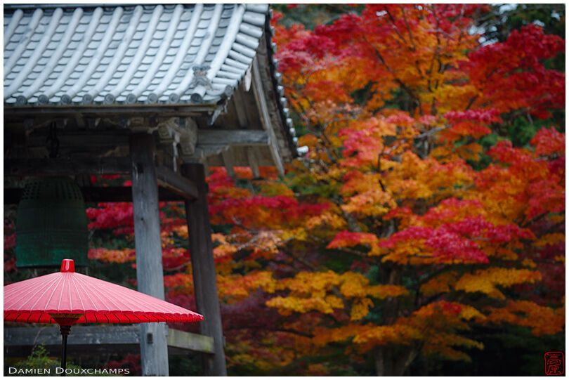 Traditional Japanese umbrella, belfry and autumn colours, in Zensui-ji temple, Shiga, Japan