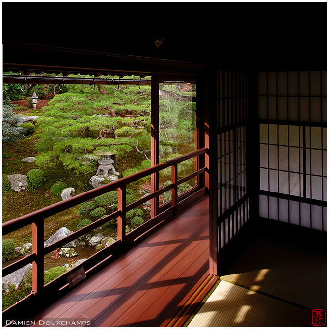 Morning light on the balcony overlooking Chikurin-in temple garden, Shiga, Japan
