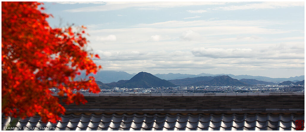 Temple roof crest and autumn foliage, Saikyo-ji, Shiga, Japan