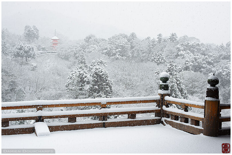 Heavy snow on the terrace of Kiyomizudera temple with a view on its little red pagoda in the distance, Kyoto, Japan
