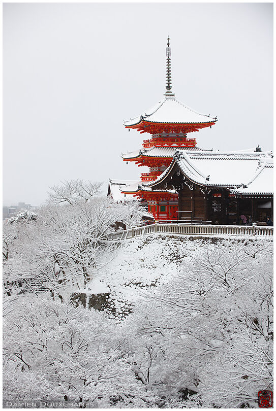 Kiyomizu-dera temple pagoda after heavy snowfall, Kyoto, Japan