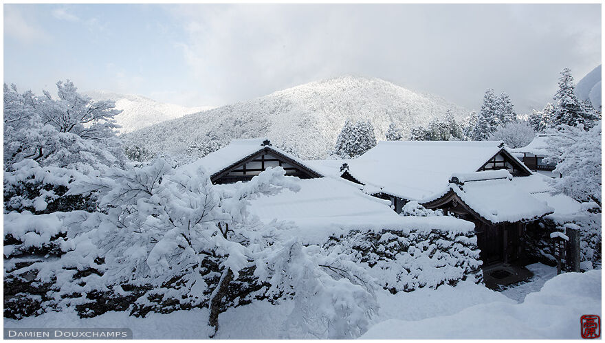 Heavy fresh snow covering Jikko-in temple, Ohara valley, Kyoto, Japan