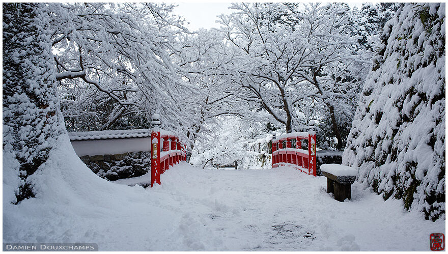 Snow-covered Japanese bridge, Ohara valley, Kyoto
