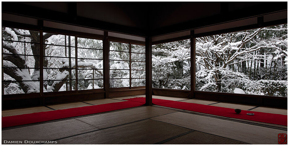 View from temple main hole on a snowy winter day, Hosen-in temple, Kyoto, Japan