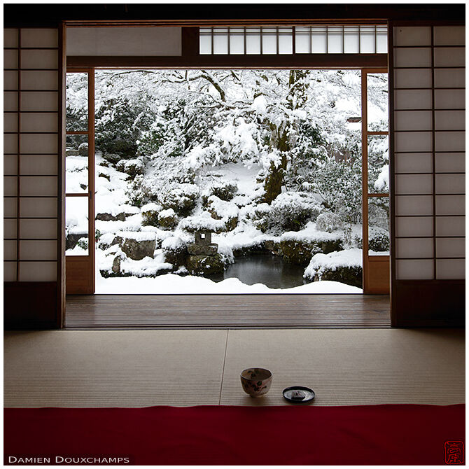 Tea time with view on winter garden, Jikko-in temple, Ohara, Kyoto, Japan