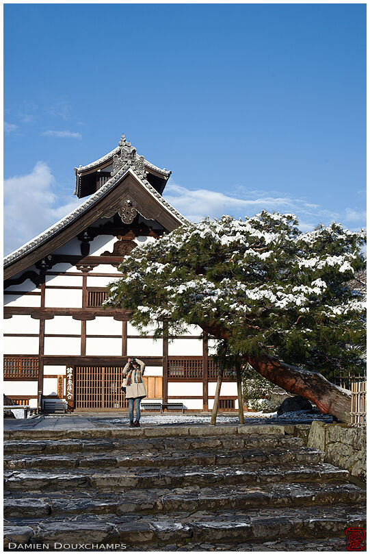Light sprinkle of snow on the entrance building of Tenryu-ji temple, Kyoto, Japan