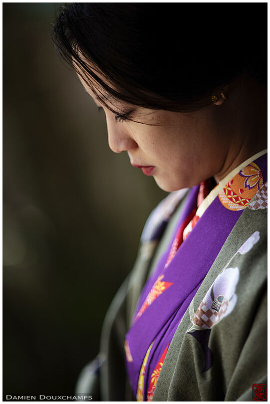 Portrait of woman wearing a kimono in Okochi Sanso villa, Kyoto, Japan