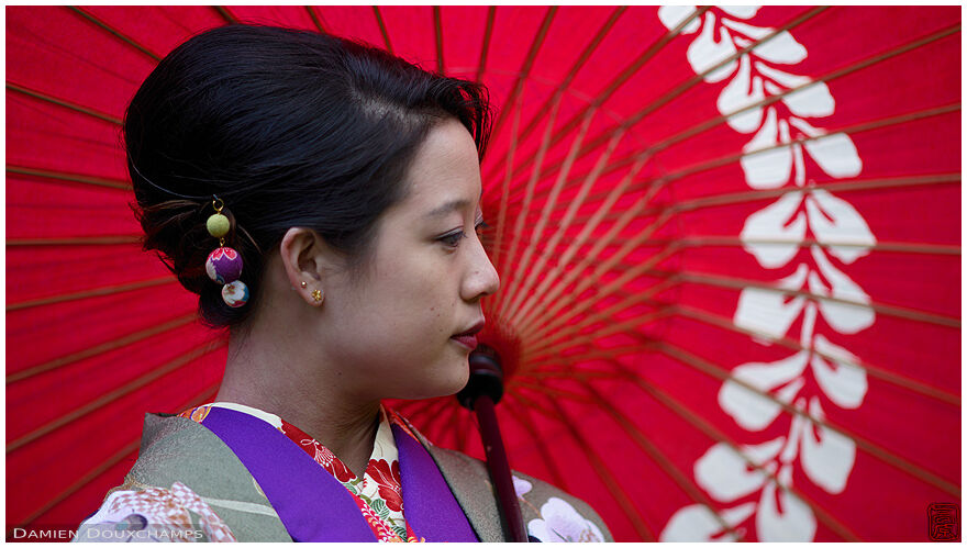 Portrait of woman in kimono with traditional wagasa umbrella, Kyoto, Japan