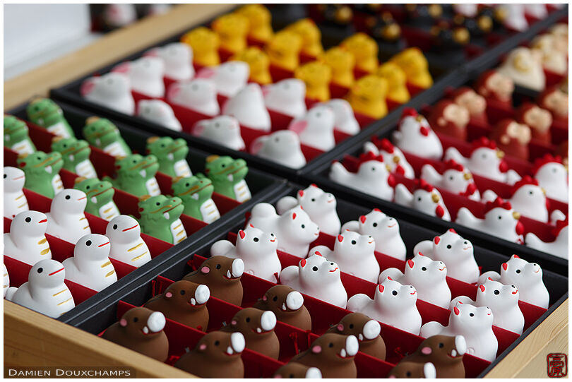 Chinese zodiac animal clay figurines offered for sale in Kitano Tenmangu shrine, Kyoto