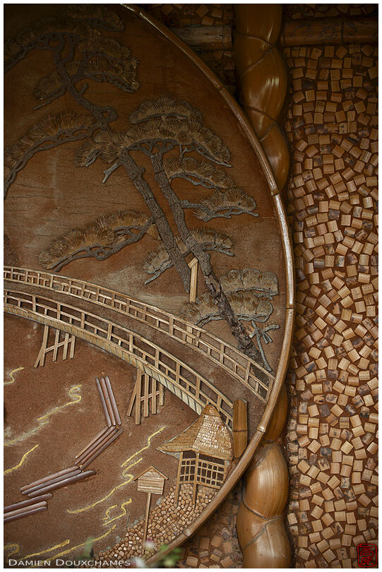 Art and wall detail, all made entirely of bamboo in the Kaguyahime Takegoten house, Kyoto, Japan