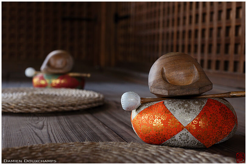 Wooden bells and cushions ready for Buddhist chants, Chion-in temple, Kyoto, Japan