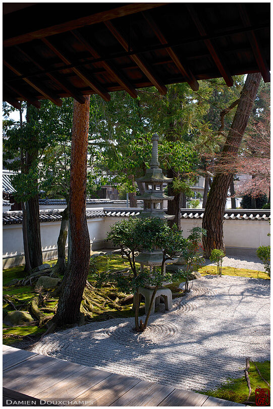 Stone pagoda in dry landscape garden, Chion-ji temple, Kyoto, Japan