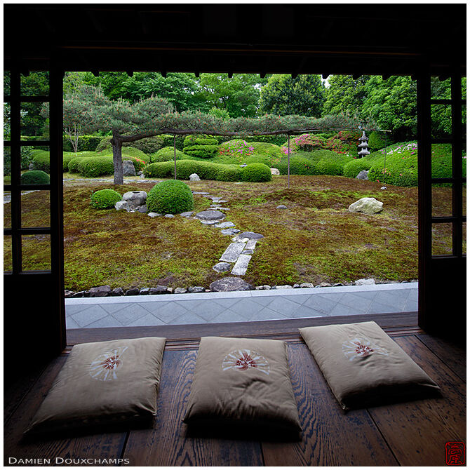 Cushions ready for meditation time in Ikkai-in temple, Kyoto, Japan