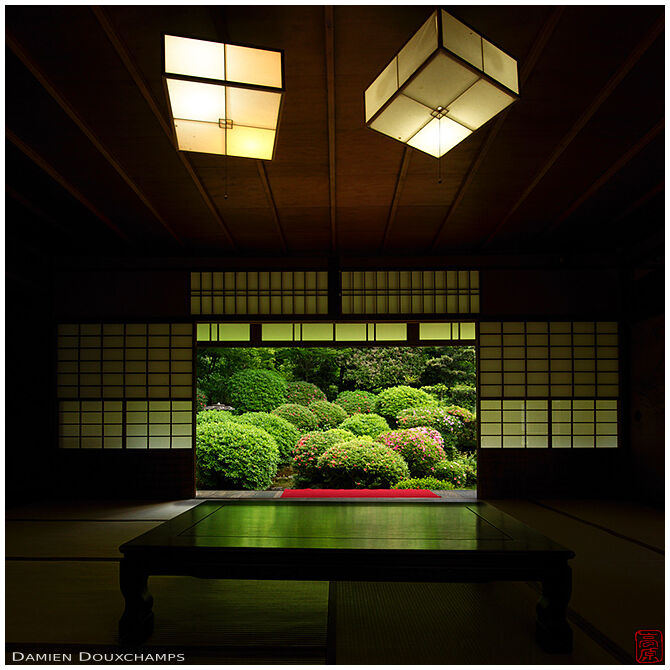 Dark hall with a view on satsuki garden in Anaraku-ji temple, Kyoto, Japan