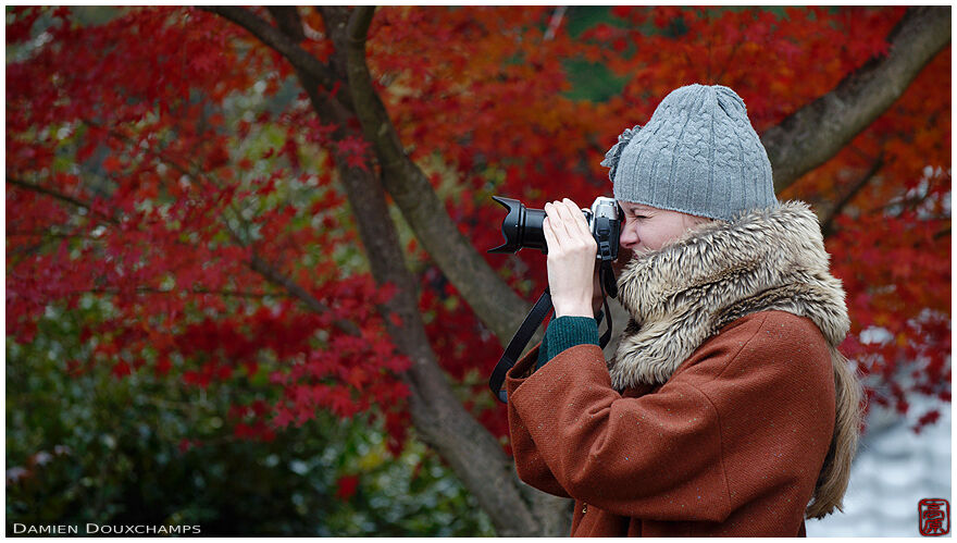 Female photographing autumn colors in Zensui-ji temple, Shiga, Japan