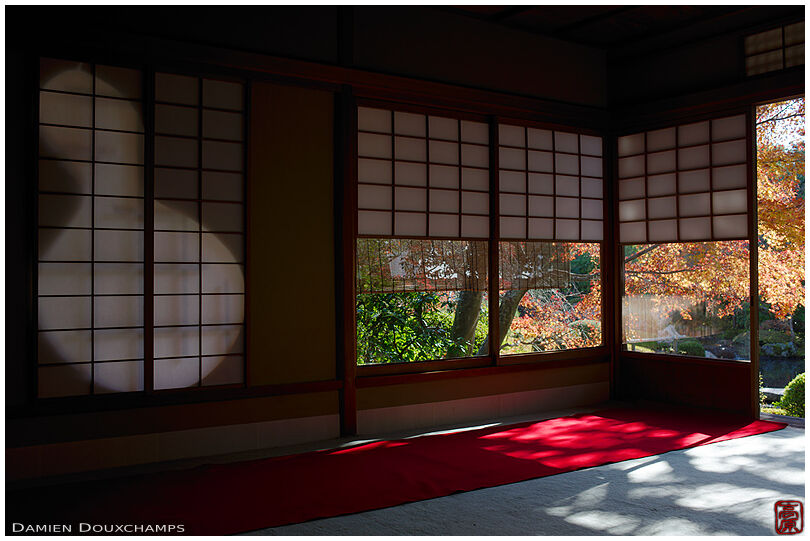 Autumn colours from room with gourd-shaped window, Taizo-in temple, Kyoto, Japan