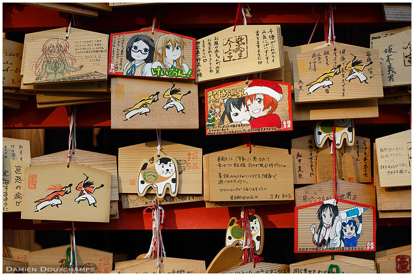 Ema votive offerings in the theme of the K-ON anime in Imamiya shrine, Kyoto, Japan