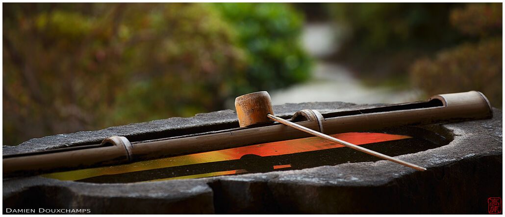 Bamboo lade resting on large tsukubai water basin reflecting autumn colours, Chishaku-in temple, Kyoto, Japan