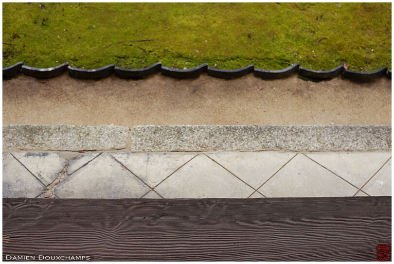 Layers of various materials and textures on the approach to a zen garden, Hoko-ji temple, Kyoto, Japan
