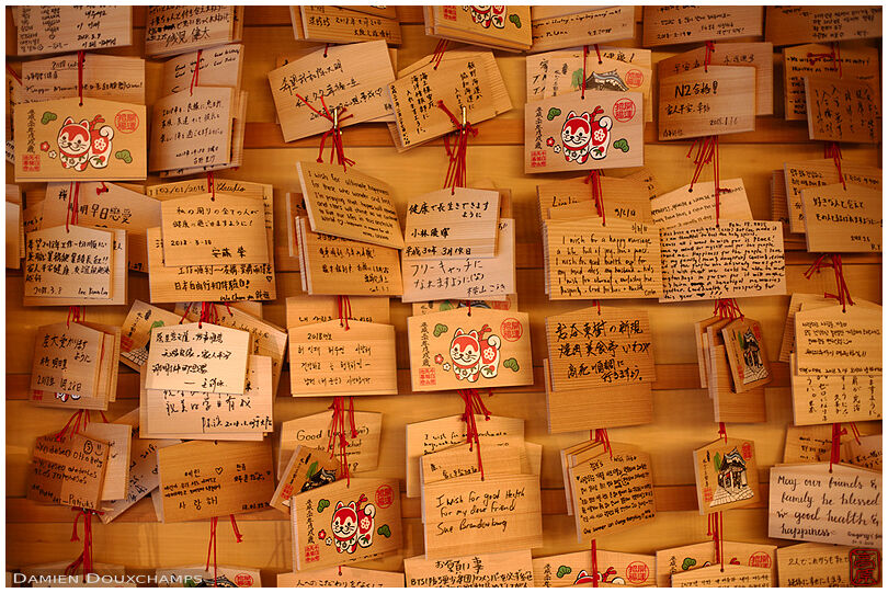 Ema tablets with wishes written on them in Hozen-ji temple, Osaka, Japan