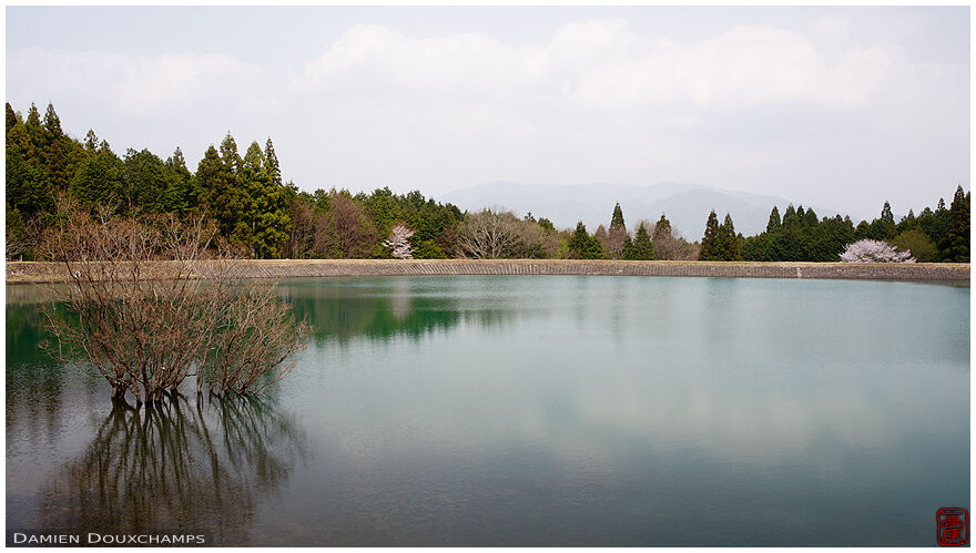 Dam lake near Jinko-ji temple in the Kameoka valley of Kyoto, Japan