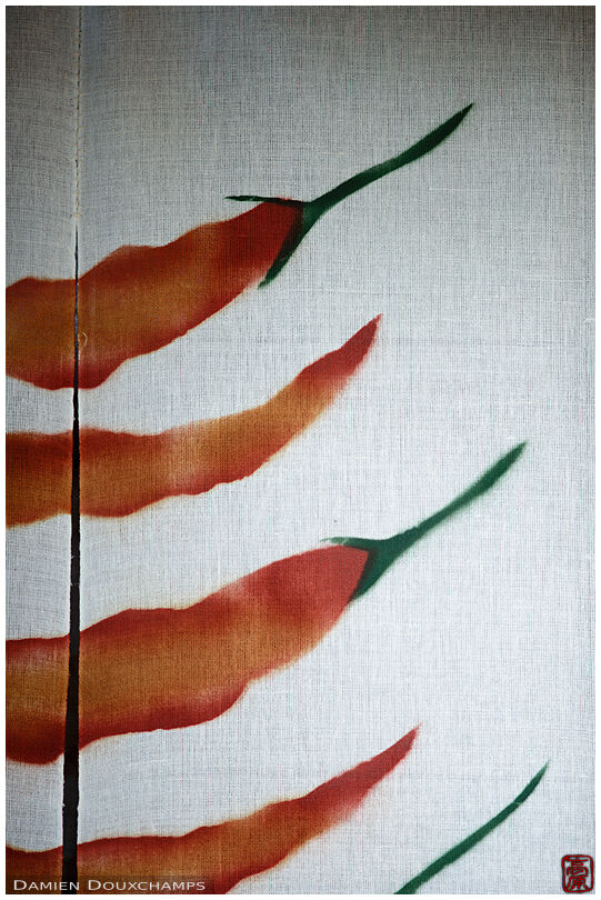 Noren cloth with red peppers at the entrance of a store, Ohara, Kyoto, Japan