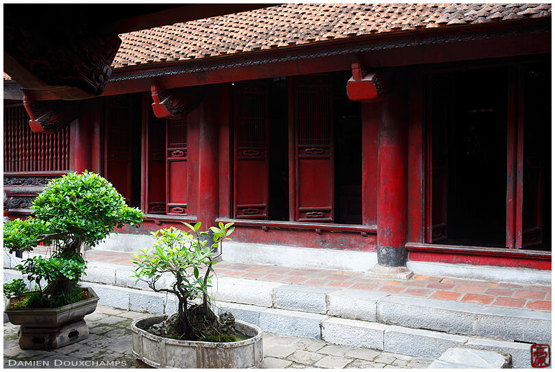 Courtyard in front of dark red building in the temple of literature, Hanoi, Viet Nam