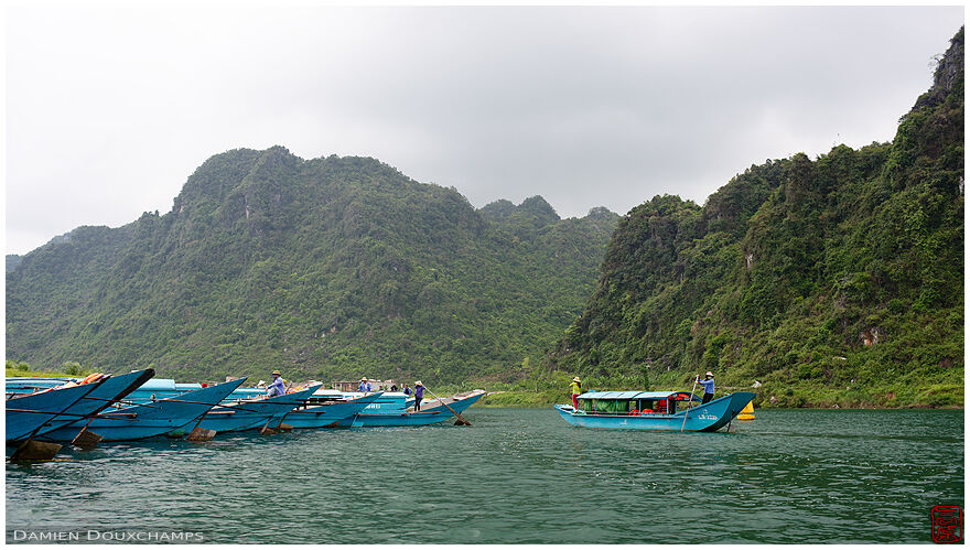 Row boats transporting tourists on the river that leads to the Phong Nha caves, Dong Hoi, Viet Nam