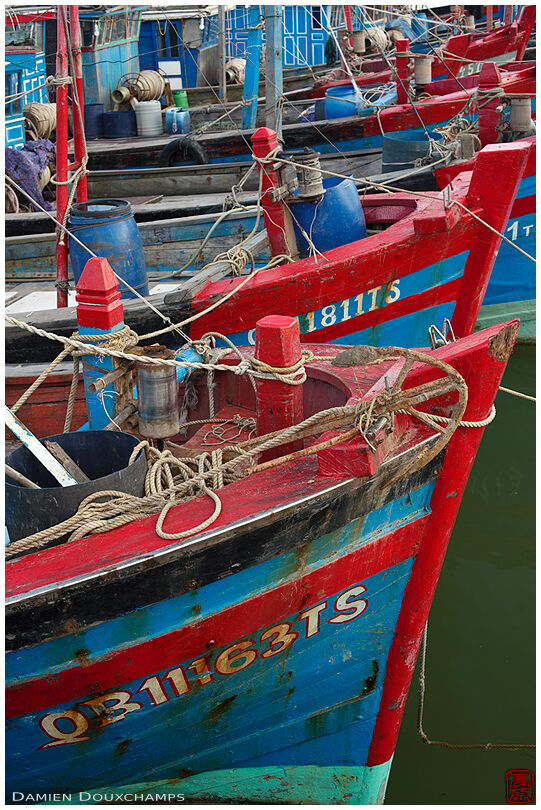 A row of red and blue fishing boats in the harbour of Dong Hoi, Viet Nam