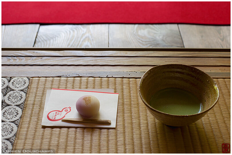 Macha gree tea and sweet during a tea ceremony event in Enko-ji temple, Kyoto, Japan