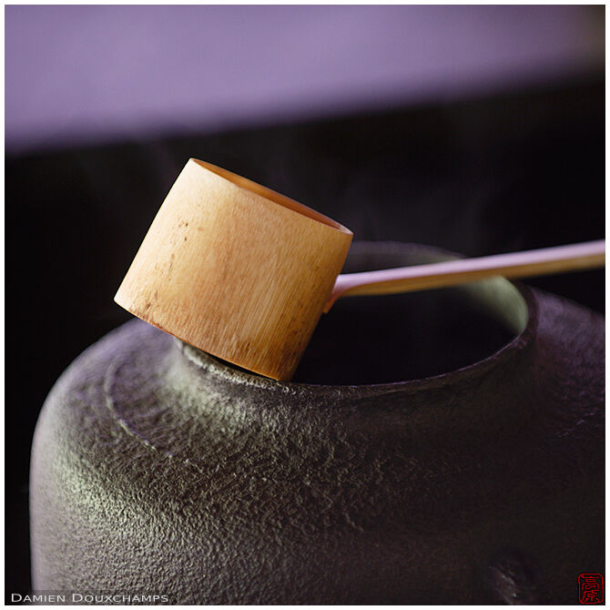 Bamboo ladle on water pot during tea ceremony in Enko-ji temple, Kyoto, Japan