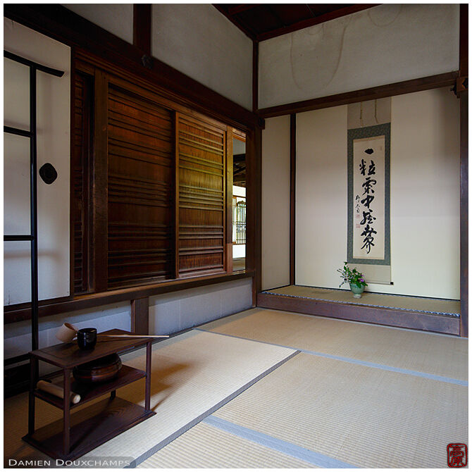 Tea ceremony utensils and traditional sukiya architecture in Daio-in temple, Kyoto, Japan