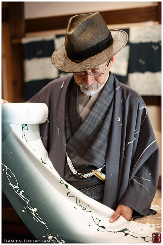 Kimono designer Mori-san showing is work in the Sakuradanicho 47 house, Kyoto, Japan