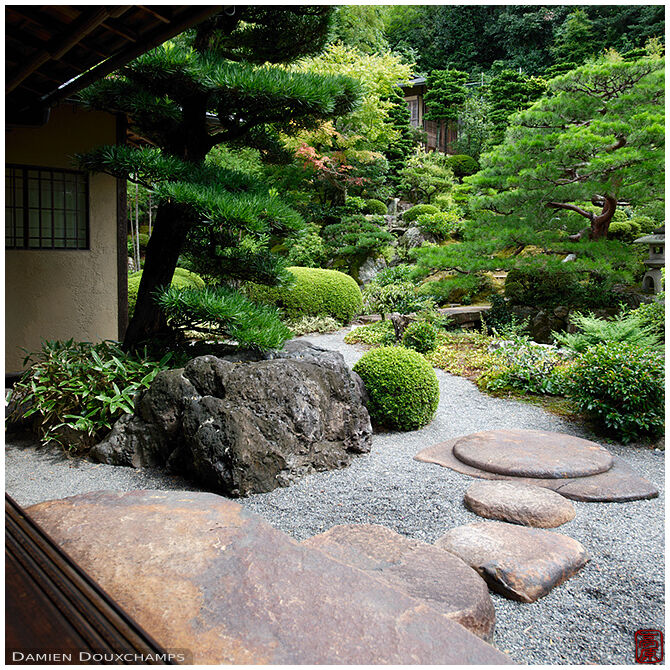 Stone path leading to tea house in the garden of the Omuro residence, Kyoto, Japan