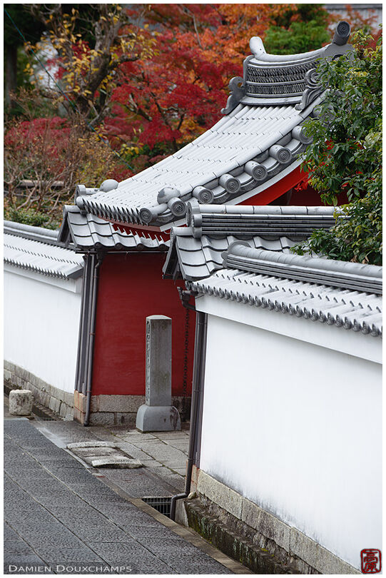 Red front gate of Kenshin-in temple in autumn, Kyoto, Japan
